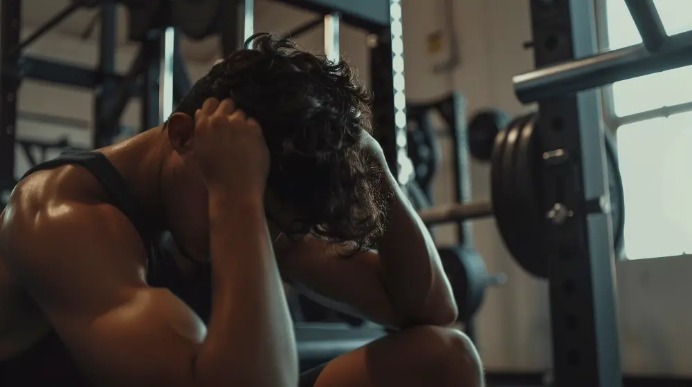 Hombre mostrando signos de catabolismo muscular y fatiga después de un entrenamiento intenso en el gimnasio