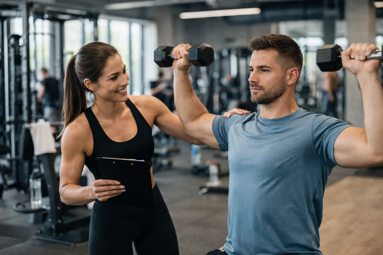 Hombre primerizo en el gimnasio siendo supervisado por una entrenadora personal, ideal para quienes quieren contratar un entrenador personal para mejorar su técnica y resultados.