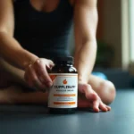 Deportista saludable dejando un suplemento sobre la mesa, representando cuándo dejar de tomar un suplemento para evitar efectos secundarios y optimizar la salud.