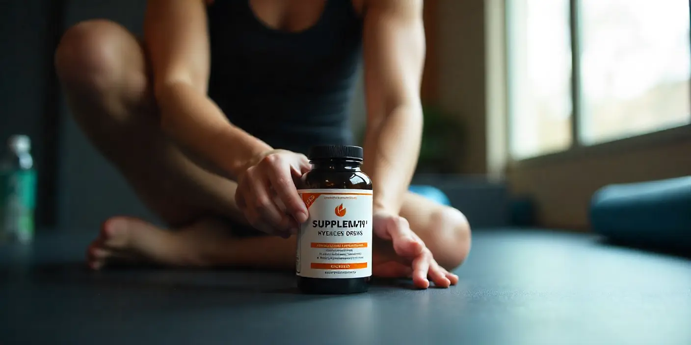 Deportista saludable dejando un suplemento sobre la mesa, representando cuándo dejar de tomar un suplemento para evitar efectos secundarios y optimizar la salud.