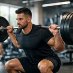 Hombre entrenando con barra y mancuernas en gimnasio moderno, enfocándose en la técnica correcta y progresión muscular, ilustrando cuántos ejercicios por grupo muscular son suficientes para ganar fuerza y músculo.