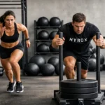 Persona haciendo entrenamiento híbrido para HYROX en gimnasio funcional, combinando carrera y ejercicios de fuerza con concentración y esfuerzo, vistiendo ropa deportiva