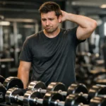 rincipiante frente a un grupo de mancuernas pensando qué peso usar en el gimnasio