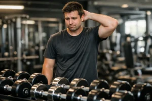 rincipiante frente a un grupo de mancuernas pensando qué peso usar en el gimnasio