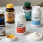 Variedad de suplementos dietéticos en un entorno moderno y elegante, con botellas, cápsulas y polvos, destacando vitaminas, minerales, proteínas y antioxidantes. Imagen hiperrealista que transmite salud, nutrición y bienestar, ideal para ilustrar artículos sobre qué es un suplemento y su función en la alimentación.