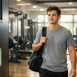 Joven adulto entrando a un gimnasio moderno con motivación, simbolizando los resultados en el gimnasio.