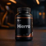 Bote de suplemento de gimnasio con la etiqueta “Hierro”, representando la suplementación con hierro en un entorno moderno y minimalista