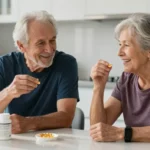Dos personas mayores en ropa deportiva tomando suplementos, reflejando un estilo de vida saludable y activo y la importancia de la Suplementación para Personas Mayores