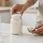 Persona evaluando suplementos en polvo y cápsulas en un entorno moderno y saludable