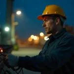 Trabajador de fábrica trabajando en turnos nocturnos, con uniforme de seguridad y casco, revisando maquinaria al aire libre, enfatizando postura y salud durante horarios irregulares