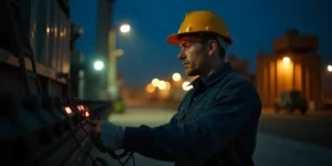 Trabajador de fábrica trabajando en turnos nocturnos, con uniforme de seguridad y casco, revisando maquinaria al aire libre, enfatizando postura y salud durante horarios irregulares