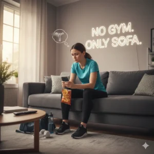 Persona sentada en el sofá mirando desmotivada, ilustrando cómo crear el hábito de entrenar incluso sin ganas.