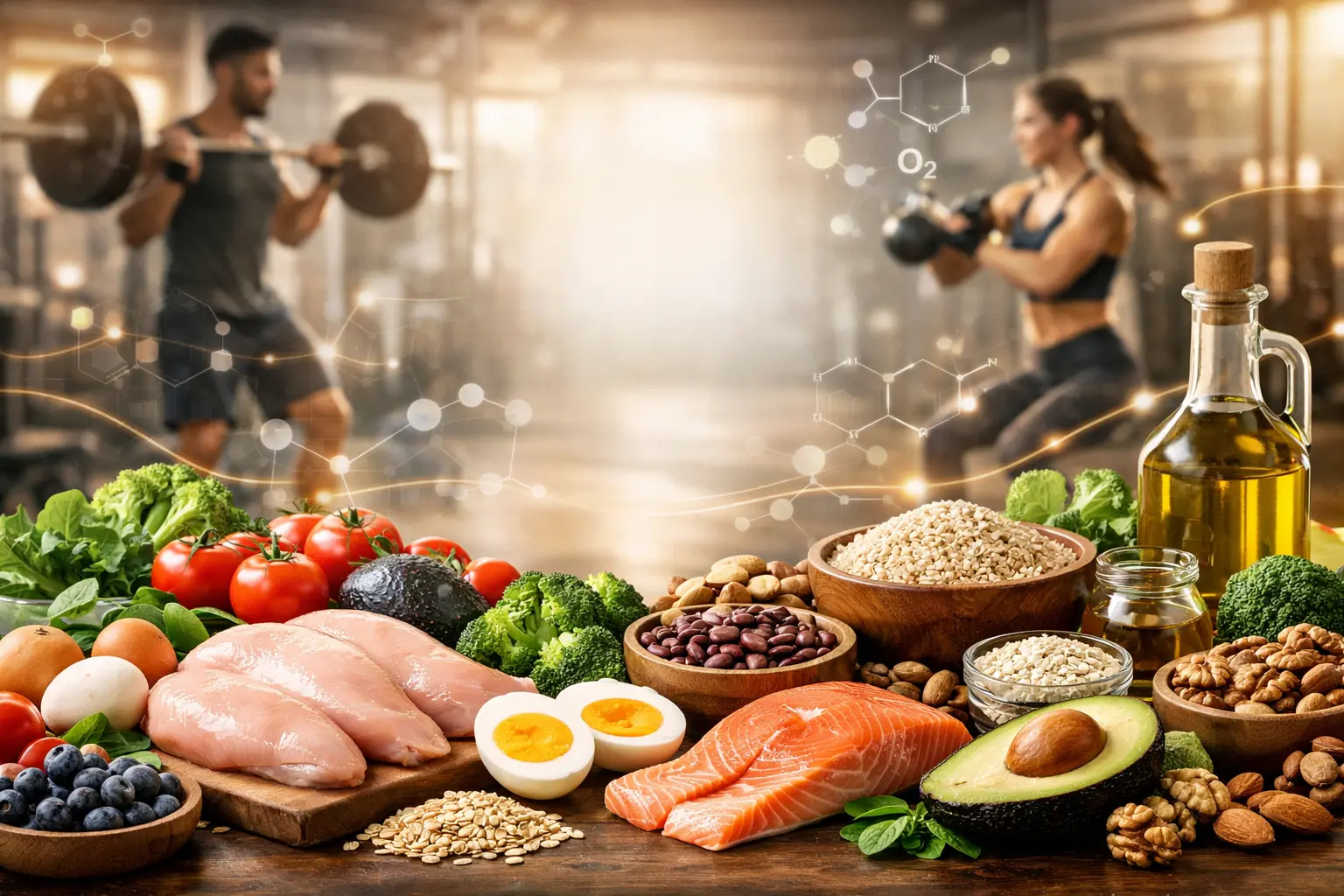 Imagen editorial hiperrealista de alimentos saludables para nutrición y rendimiento: pechuga de pollo, salmón, huevos, aguacate, nueces, legumbres, quinoa, verduras y frutas, con fondo desenfocado de un gimnasio moderno donde entrenan un hombre y una mujer, con superposición de estructuras moleculares y rutas metabólicas, representando ciencia y estrategia en la alimentación.