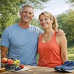 Pareja de adultos sonrientes en un entorno natural, rodeados de frutas, agua y elementos de bienestar, representando salud integral y longevidad activa.