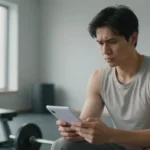 Persona principiante en el gimnasio revisando su rutina con expresión de duda tranquila, representando que tu entrenamiento está funcionando aunque todavía no veas resultados