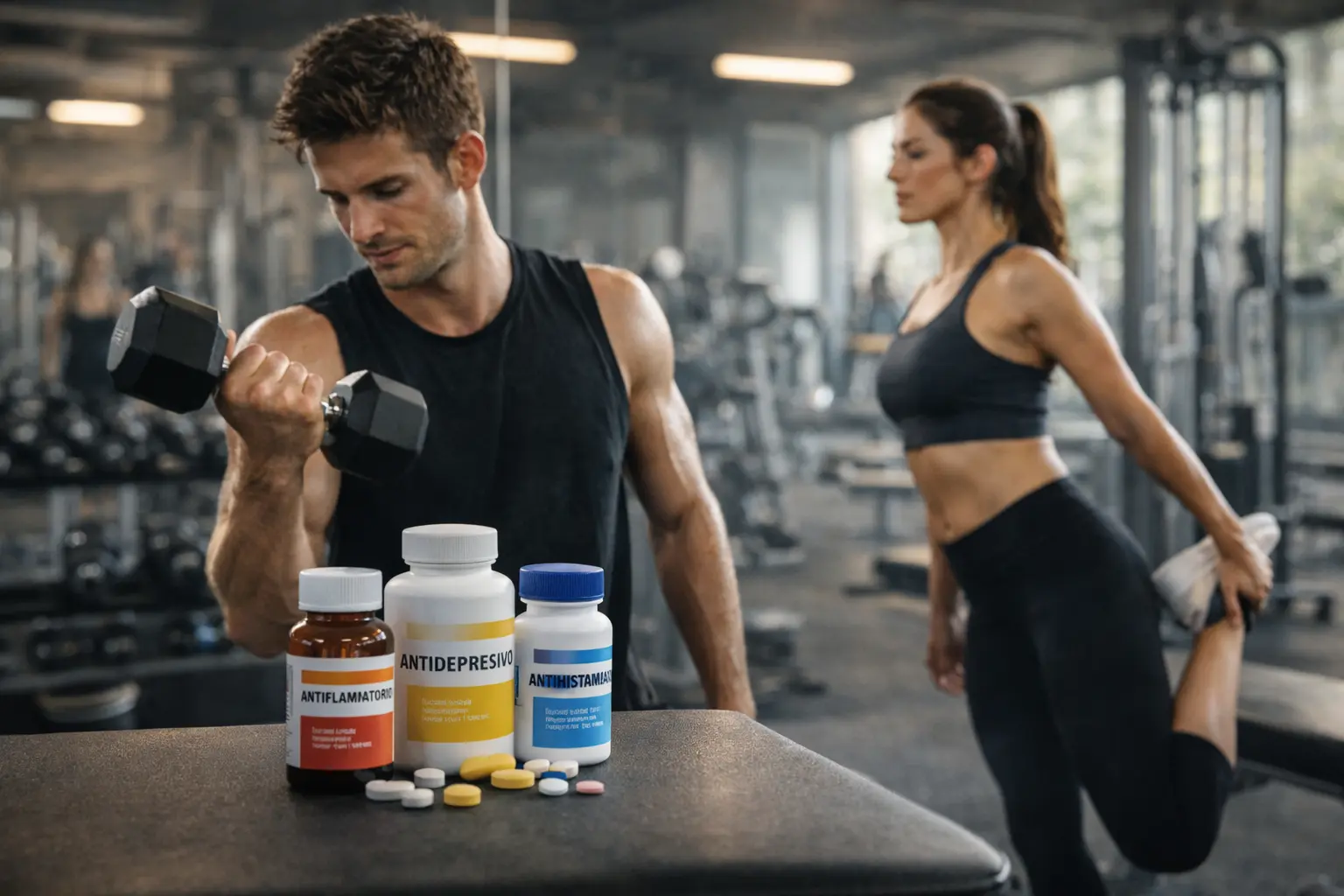 Hombre y mujer entrenando en gimnasio mientras se observan frascos de medicación, ilustrando cómo afecta la medicación al rendimiento deportivo