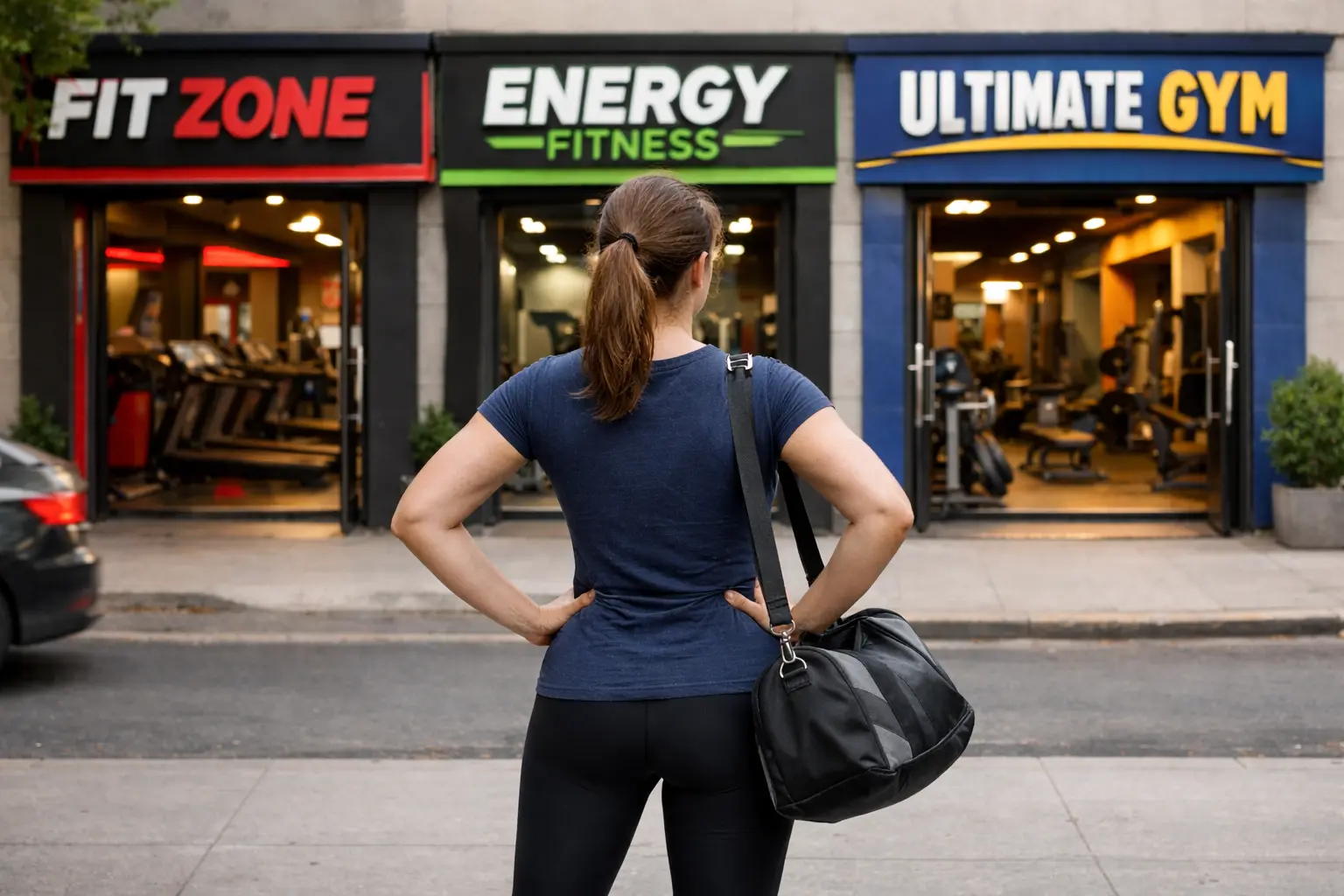Persona con sobrepeso de espaldas, dudando frente a varios gimnasios modernos, simbolizando cómo elegir tu primer gimnasio y no abandonar a los 2 meses