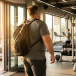 Cómo empezar el gimnasio si tienes sobrepeso: persona de espaldas entrando a un gimnasio moderno con ropa deportiva cómoda y bolsa de gimnasio, transmitiendo motivación y confianza.