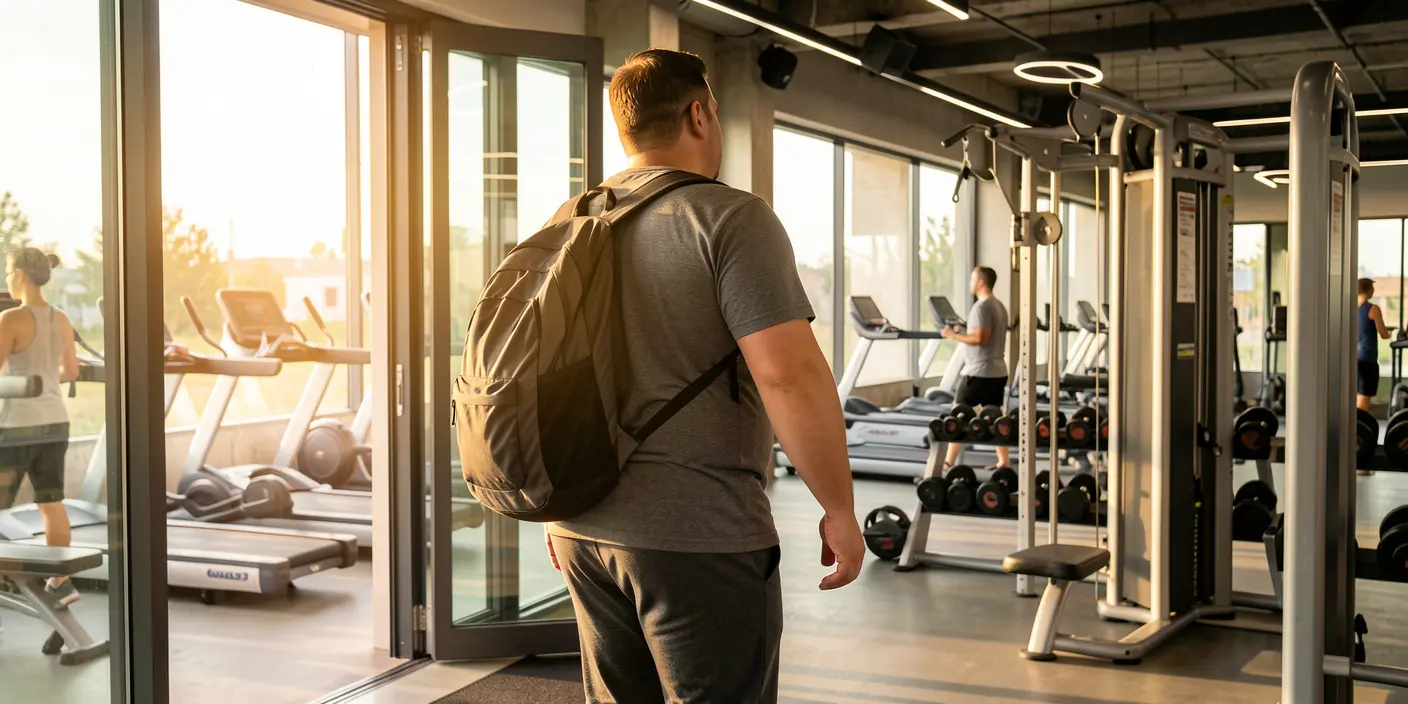 Cómo empezar el gimnasio si tienes sobrepeso: persona de espaldas entrando a un gimnasio moderno con ropa deportiva cómoda y bolsa de gimnasio, transmitiendo motivación y confianza.
