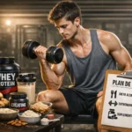 Hombre delgado levantando mancuerna en gimnasio con alimentos y suplementos de nutrición al frente, representando cómo ganar masa muscular si eres muy delgado.