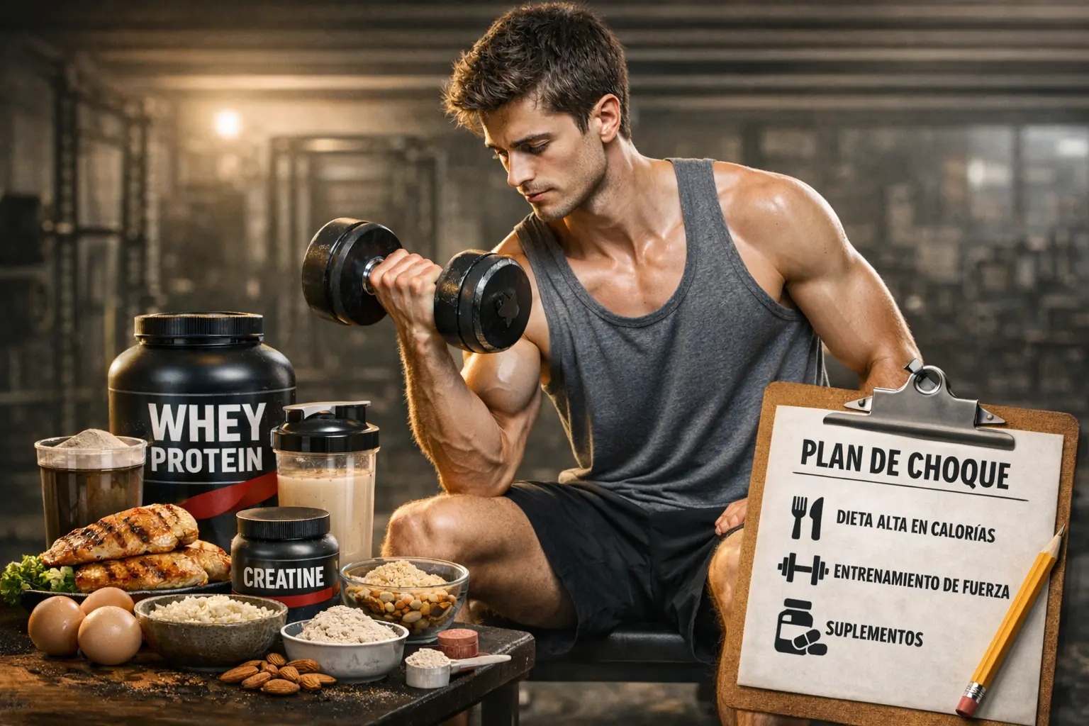 Hombre delgado levantando mancuerna en gimnasio con alimentos y suplementos de nutrición al frente, representando cómo ganar masa muscular si eres muy delgado.