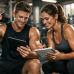 Joven pareja de atletas en el gimnasio creando su propia rutina de entrenamiento, con ejercicios de fuerza y planificación personalizada