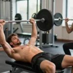 Pareja entrenando en el gimnasio siguiendo el orden de los ejercicios, hombre haciendo press de banca y mujer haciendo sentadilla, mostrando técnica correcta y postura natural.