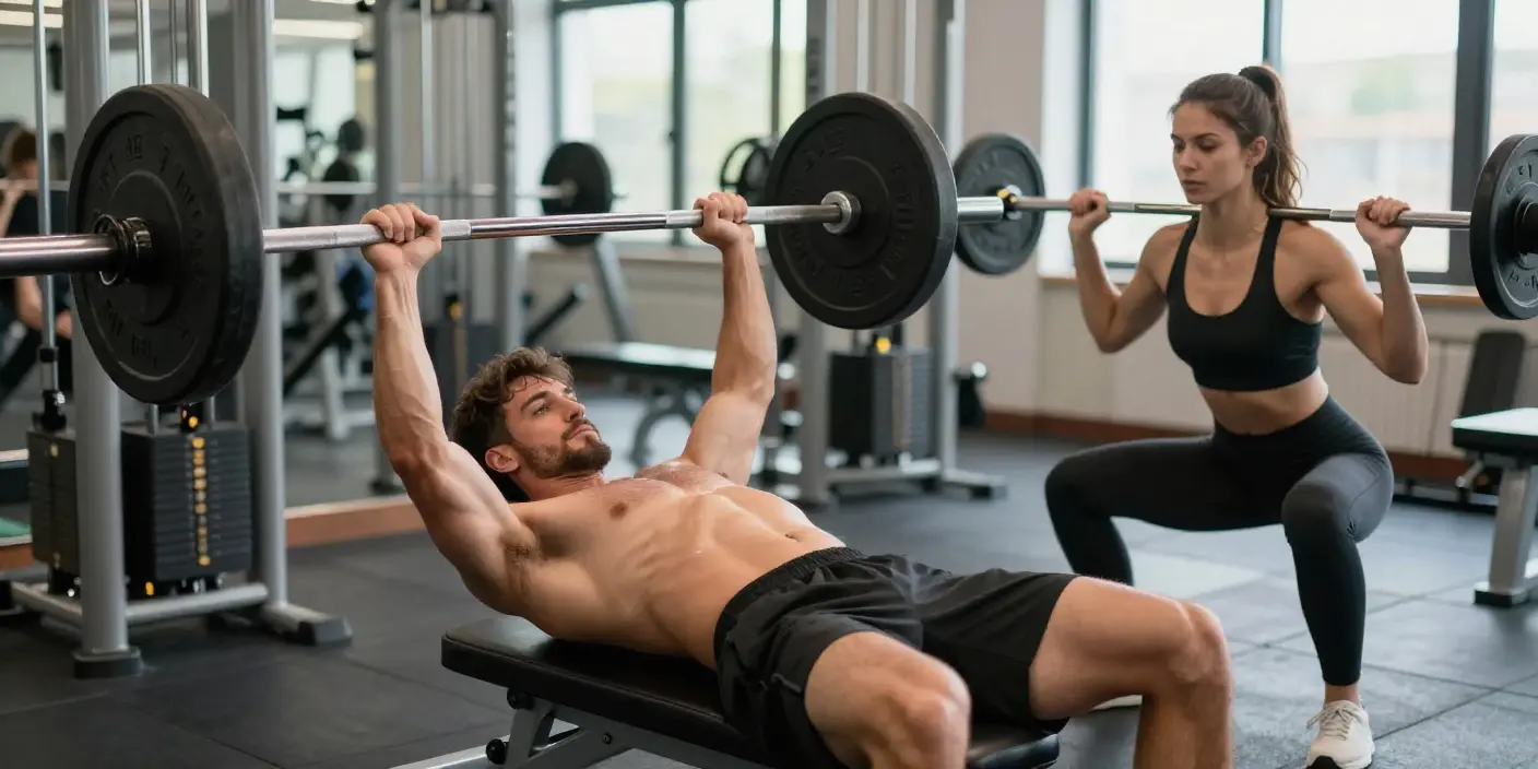 Pareja entrenando en el gimnasio siguiendo el orden de los ejercicios, hombre haciendo press de banca y mujer haciendo sentadilla, mostrando técnica correcta y postura natural.