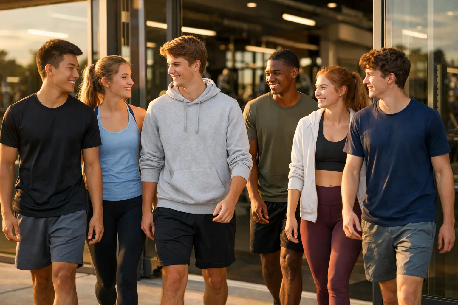 Grupo de adolescentes de 18 años felices y motivados acercándose a un gimnasio moderno para entrenamiento de fuerza seguro y supervisado