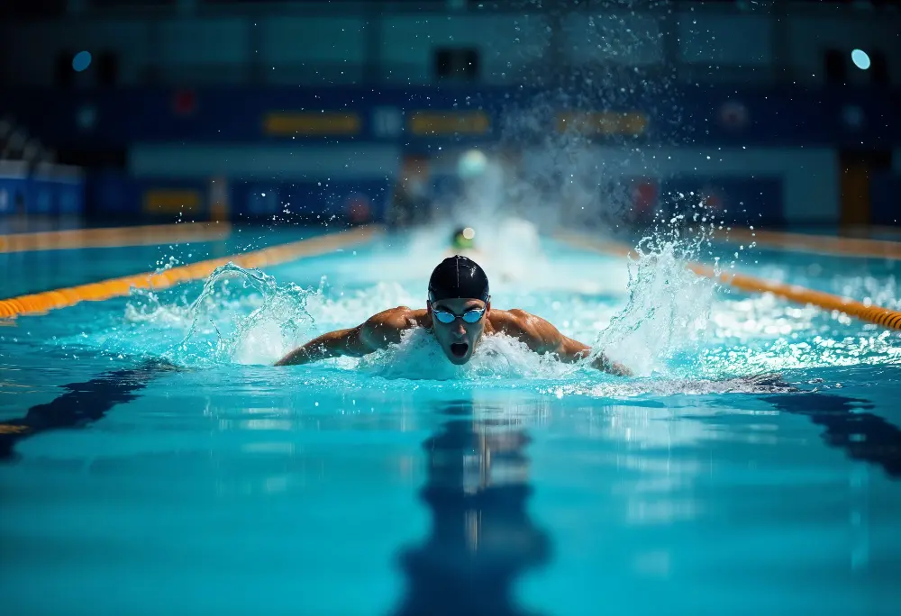 Persona nadando en piscina durante entrenamientos de natación, concentrada y activa