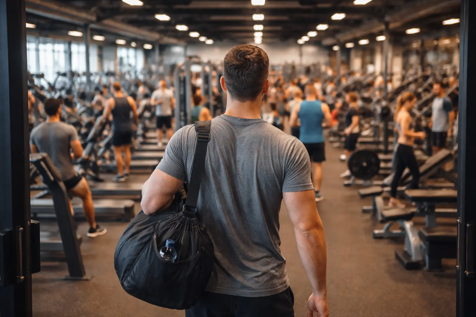 Persona entrenando en gimnasio lleno usando mancuernas y bandas elásticas como alternativas a las máquinas ocupadas