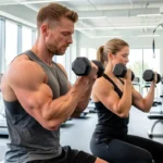 Hiperrealista imagen de una pareja fitness entrenando brazos con mancuernas y curls, mostrando bíceps y tríceps definidos, enfatizando cómo hacer crecer los brazos rápidamente de manera estratégica y efectiva.