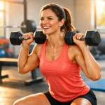 Mujer sonriente realizando sentadillas con pesas, entrenando fuerza para reducir la ansiedad y mejorar bienestar mental