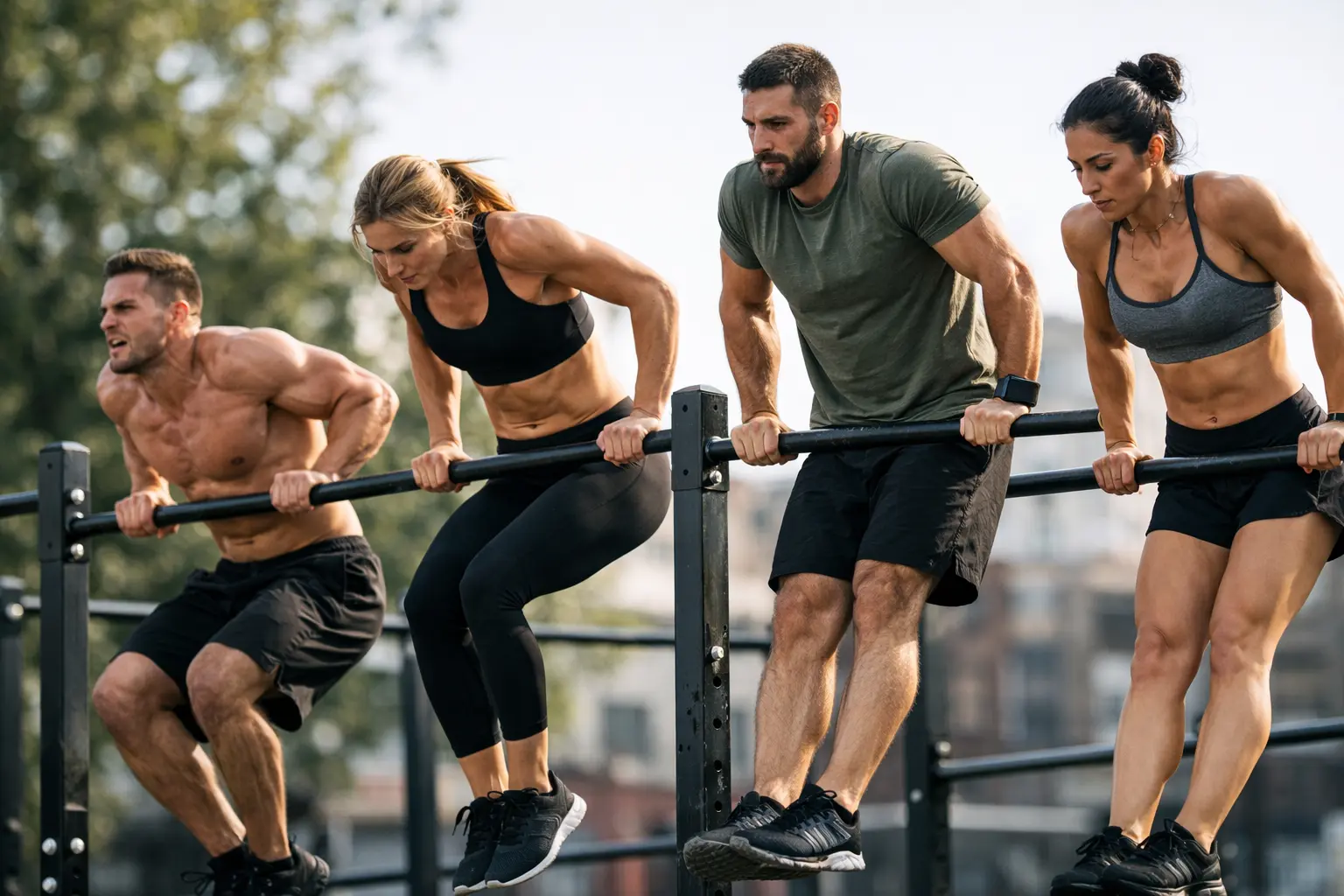 Varias personas haciendo muscle-up al aire libre en un parque de calistenia, mostrando fuerza, técnica y resistencia