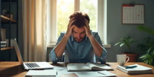 Hombre estresado en su escritorio con expresiones de tensión, rodeado/a de papeles y ordenador, mostrando visualmente altos niveles de cortisol y estrés laboral
