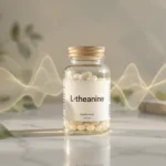 Bote de suplemento de L-teanina sobre una superficie limpia en un entorno relajante y sereno, con elementos de concentración y claridad mental.