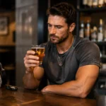 Persona con ropa deportiva en un bar después de entrenar sosteniendo una bebida alcohólica, representando cómo el alcohol puede afectar a la ganancia muscular y la recuperación