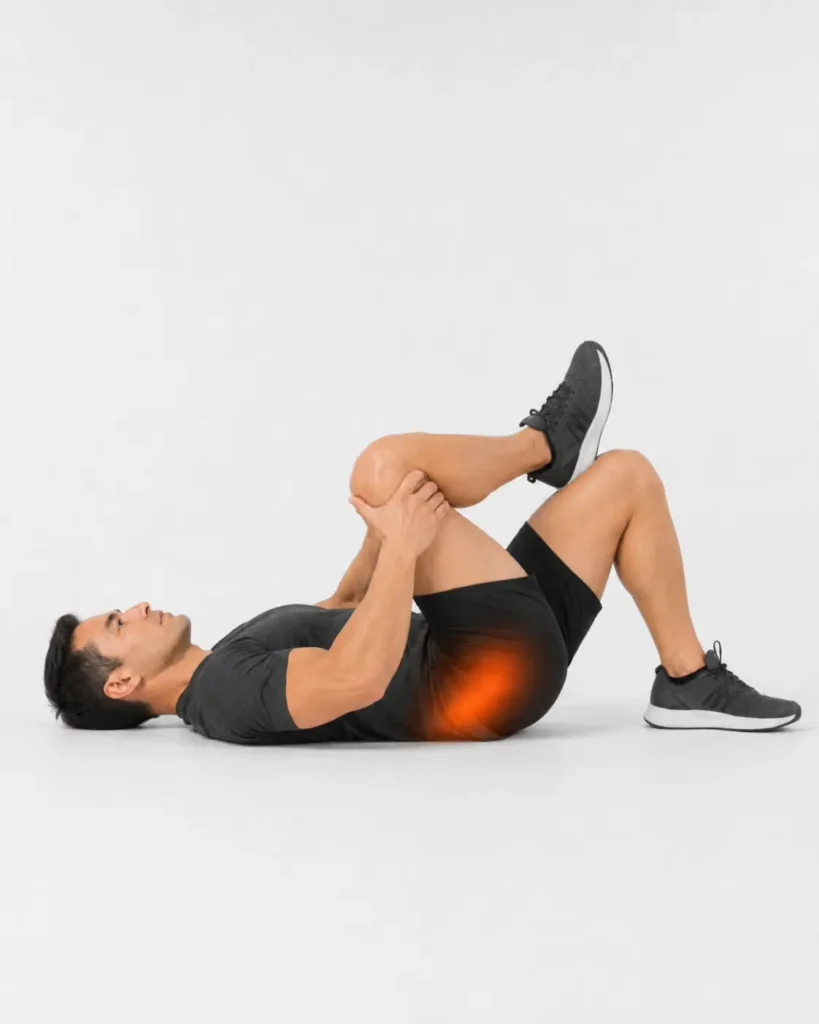Hombre tumbado haciendo el estiramiento figura 4 para glúteos