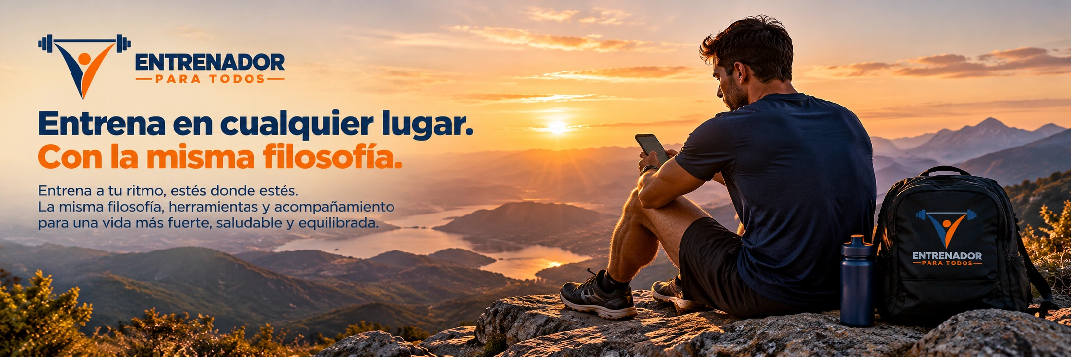 Entrenador para todos: banner panorámico de entrenamiento y seguimiento en cualquier lugar, con paisaje al atardecer.