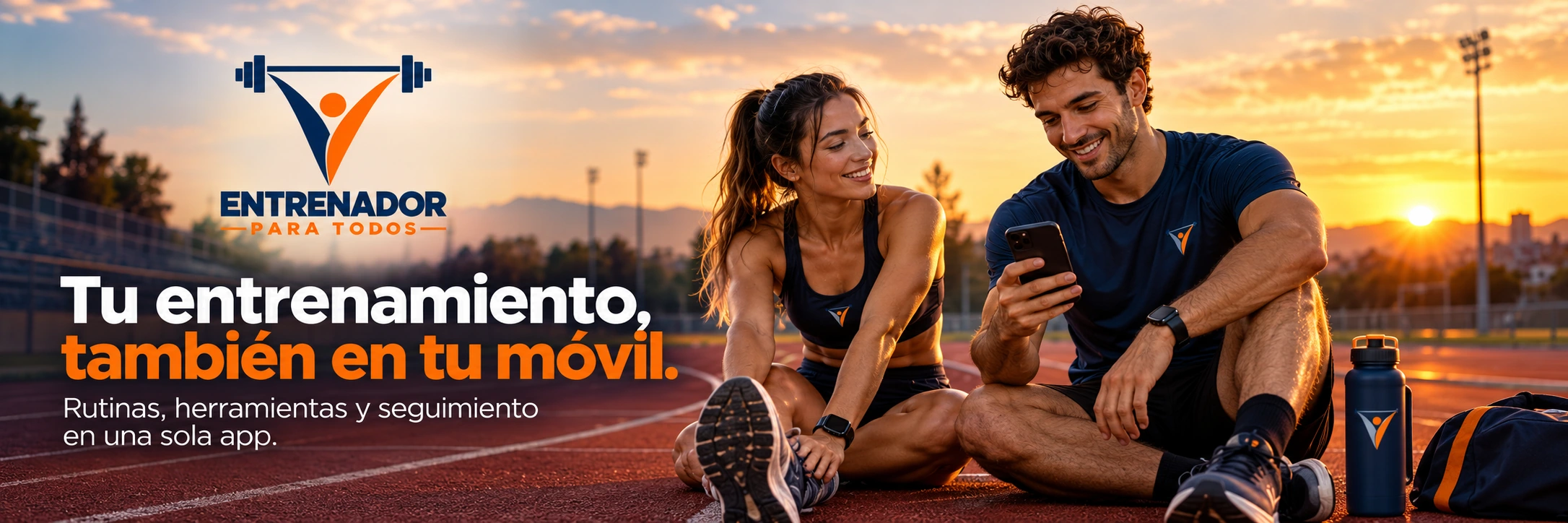 Entrenador para todos: banner de pista de atletismo al atardecer con información sobre entrenar con la app.